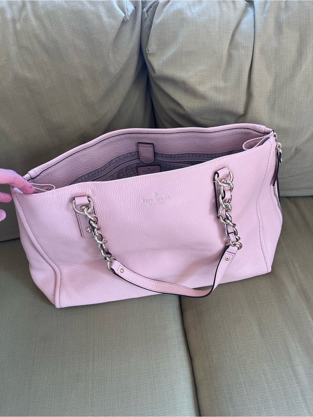 kate spade pale pink pebbled leather tote with chain straps